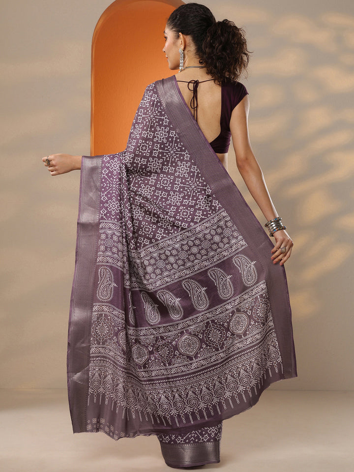 Brown Printed Silk Blend Saree With Unstitched Blouse Picece