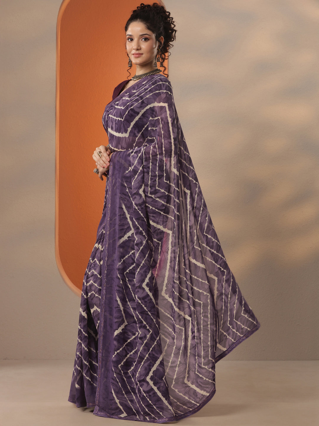 Purple Leheriya Printed Georgette Saree With Unstitched Blouse Piece