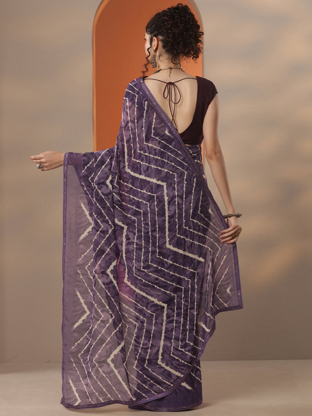 Purple Leheriya Printed Georgette Saree With Unstitched Blouse Piece