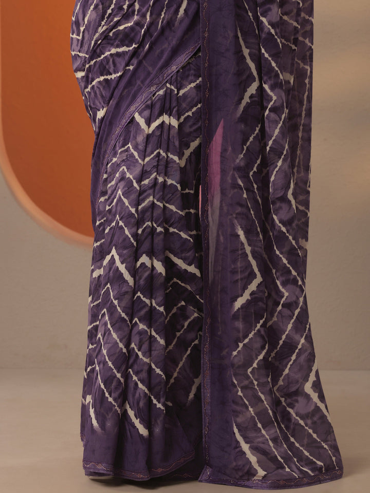 Purple Leheriya Printed Georgette Saree With Unstitched Blouse Piece