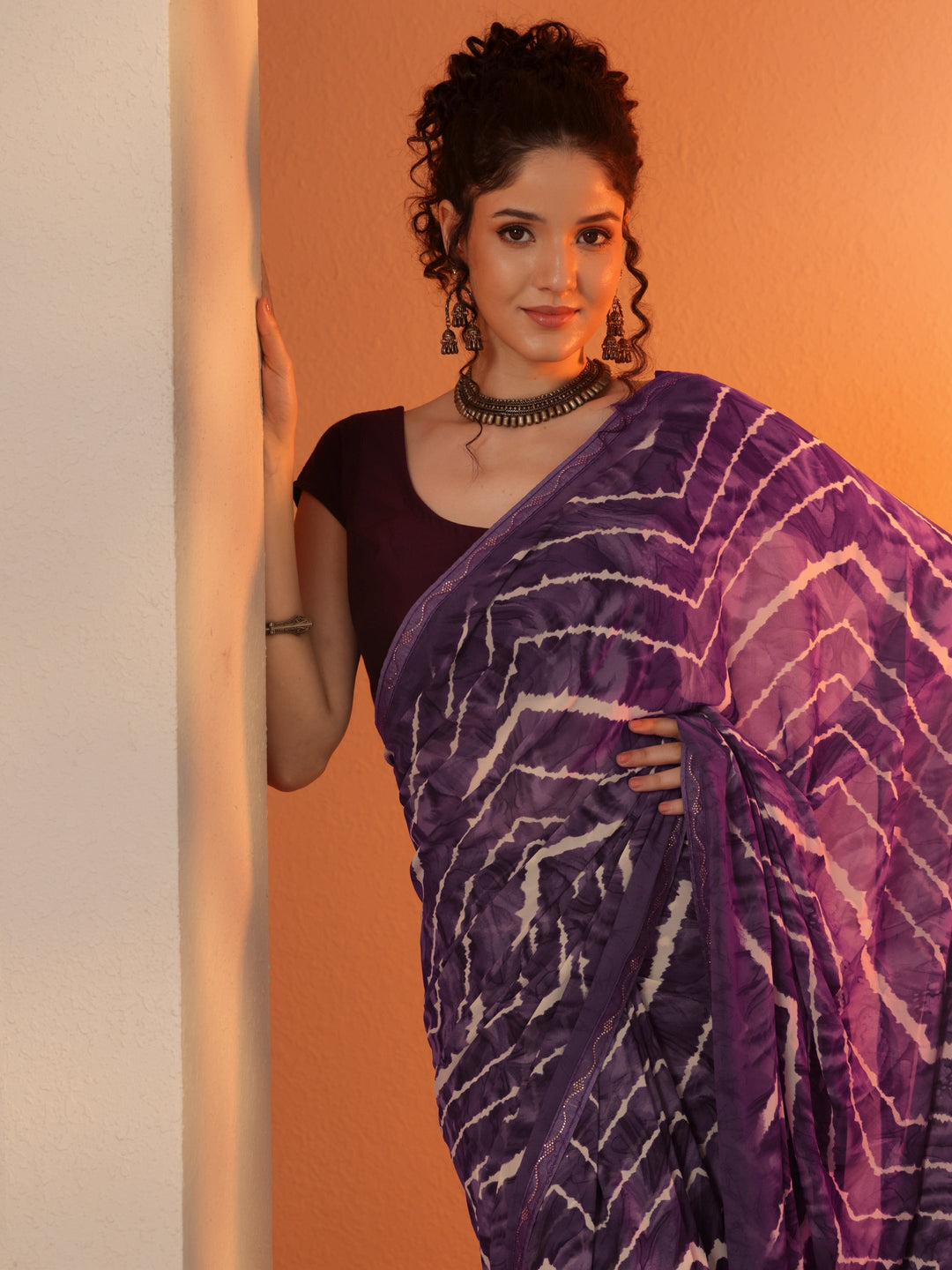 Purple Leheriya Printed Georgette Saree With Unstitched Blouse Piece