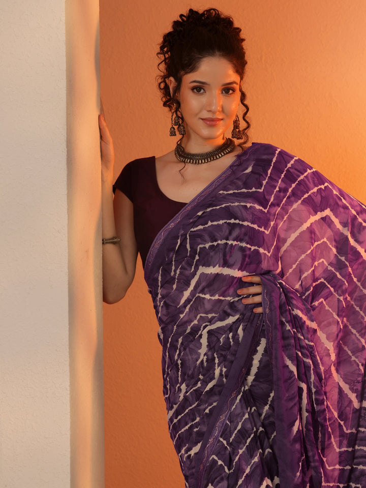 Purple Leheriya Printed Georgette Saree With Unstitched Blouse Piece