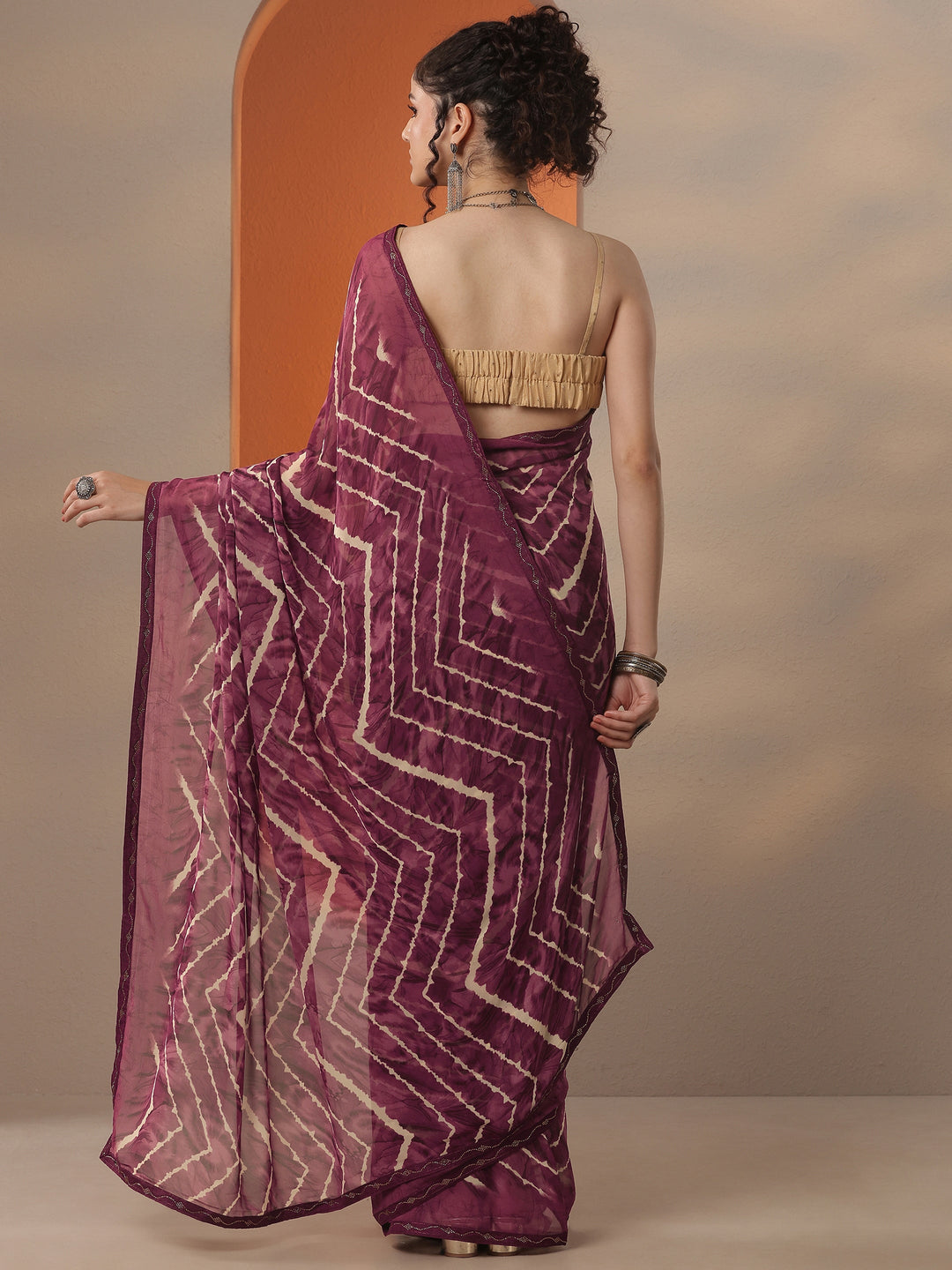 Maroon Leheriya Printed Georgette Saree With Unstitched Blouse Piece
