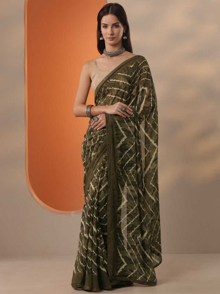 Green Leheriya Printed Georgette Saree With Unstitched Blouse Piece