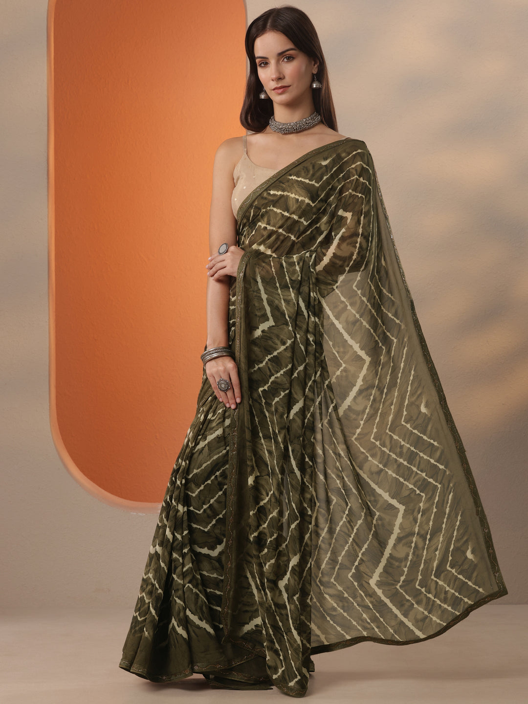 Green Leheriya Printed Georgette Saree With Unstitched Blouse Piece