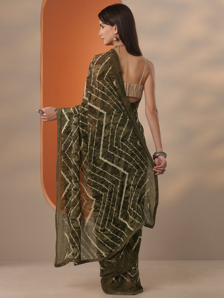 Green Leheriya Printed Georgette Saree With Unstitched Blouse Piece
