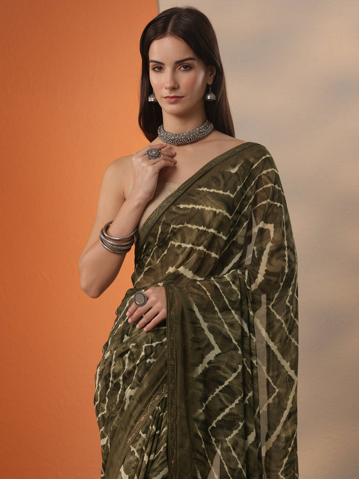 Green Leheriya Printed Georgette Saree With Unstitched Blouse Piece
