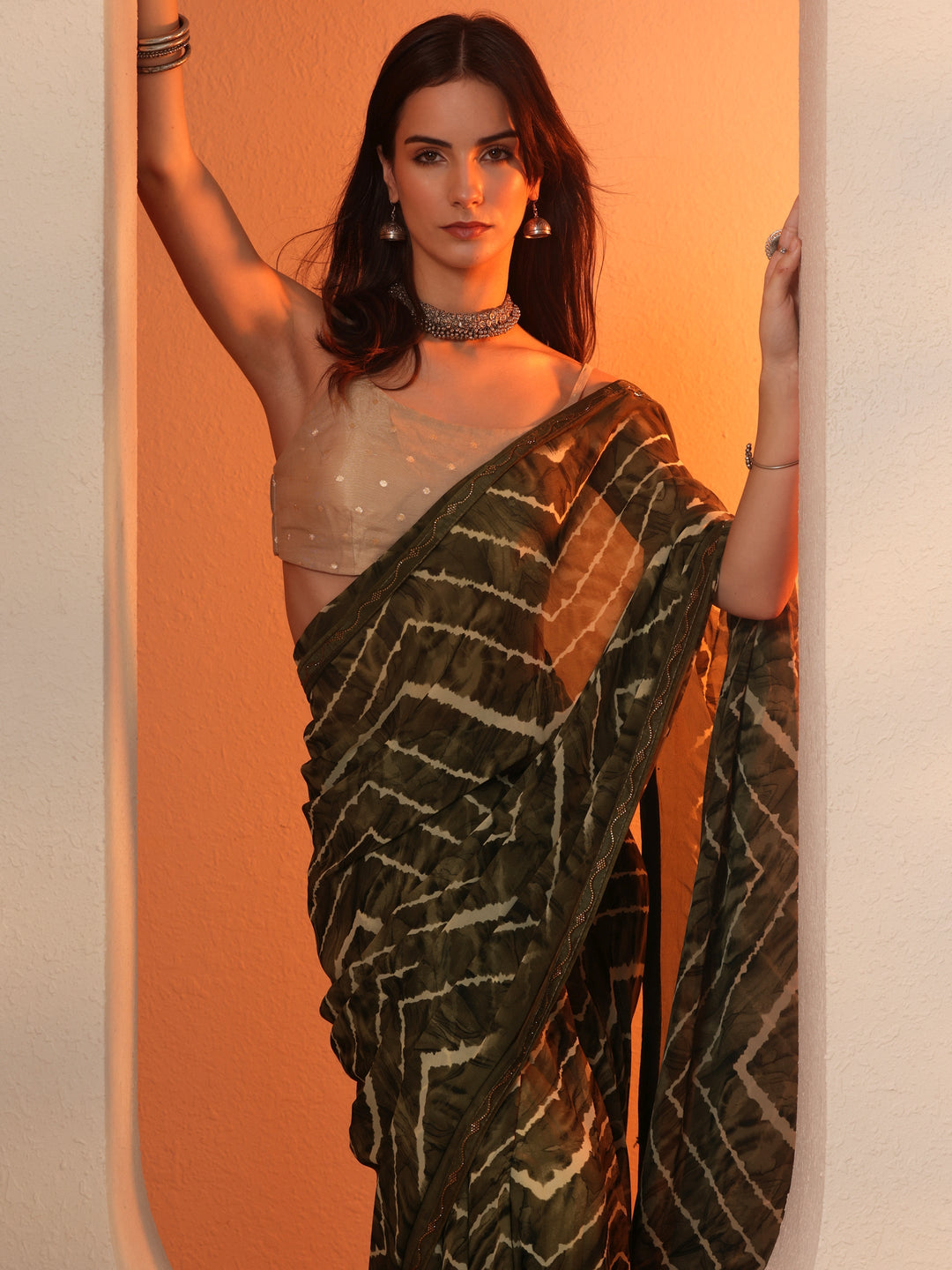 Green Leheriya Printed Georgette Saree With Unstitched Blouse Piece