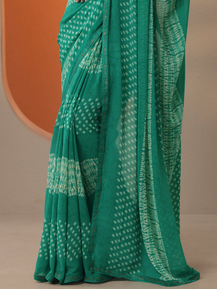 Green Bandhani Printed Georgette Saree With Unstitched Blouse Piece