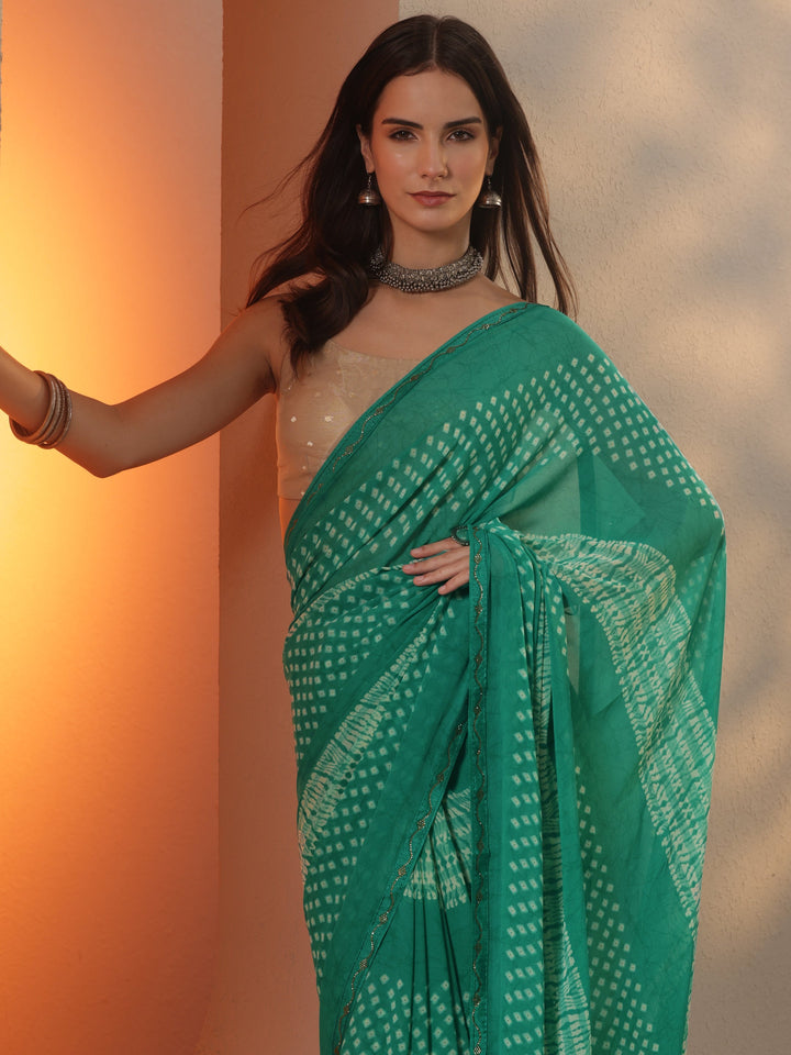 Green Bandhani Printed Georgette Saree With Unstitched Blouse Piece