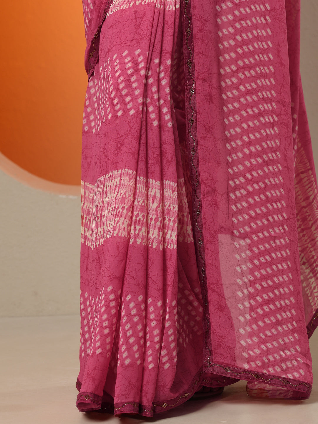 Pink Bandhani Printed Georgette Saree With Unstitched Blouse Piece