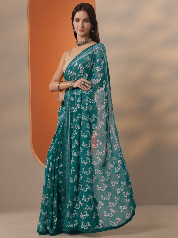 Green Printed Georgette Saree With Unstitched Blouse Piece