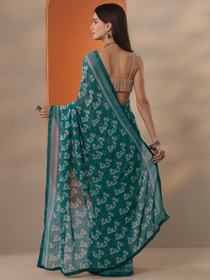 Green Printed Georgette Saree With Unstitched Blouse Piece