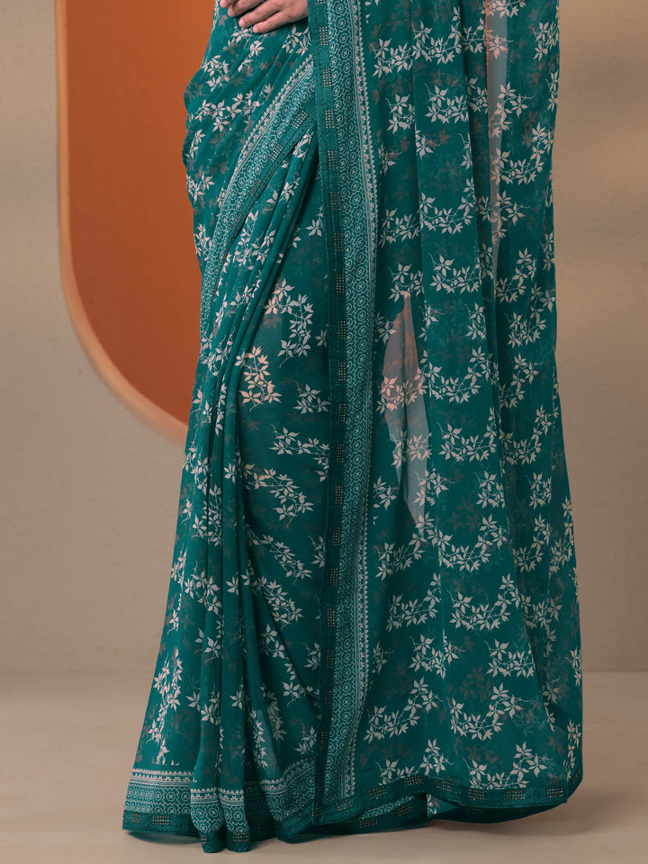 Green Printed Georgette Saree With Unstitched Blouse Piece
