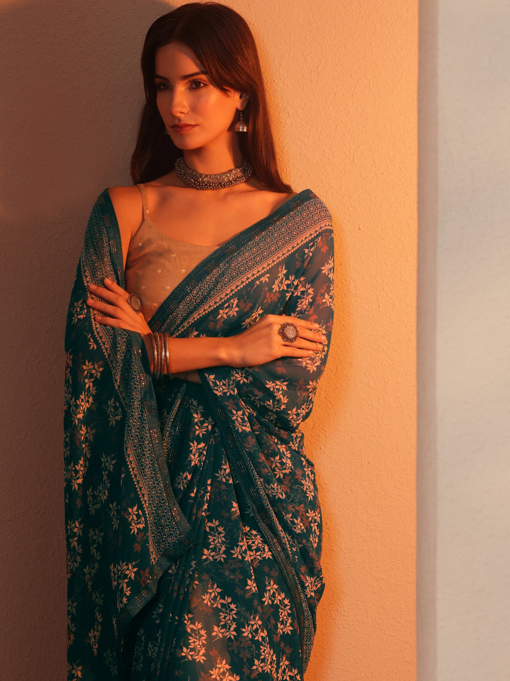Green Printed Georgette Saree With Unstitched Blouse Piece