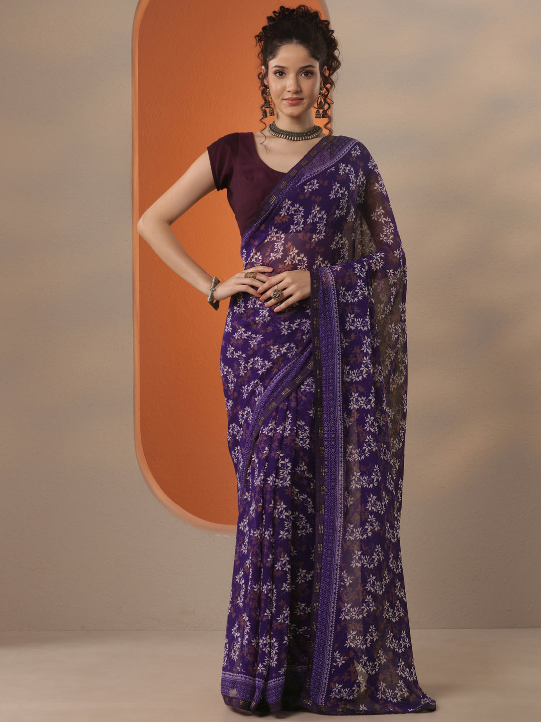Purple Printed Georgette Saree With Unstitched Blouse Piece