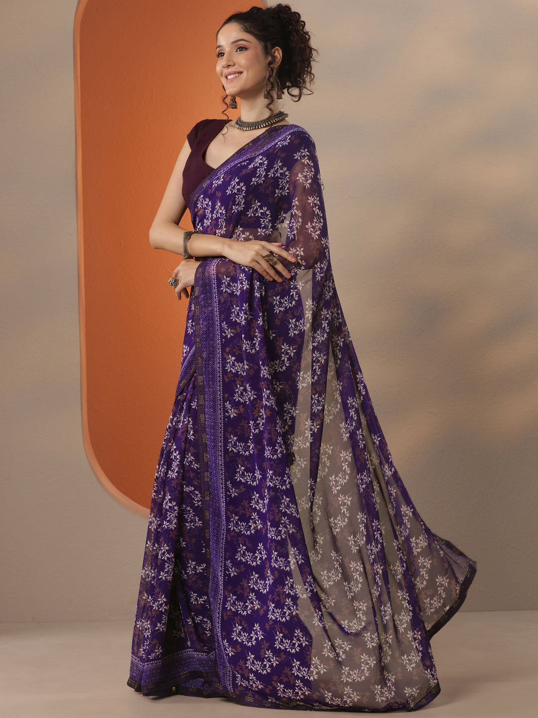 Purple Printed Georgette Saree With Unstitched Blouse Piece