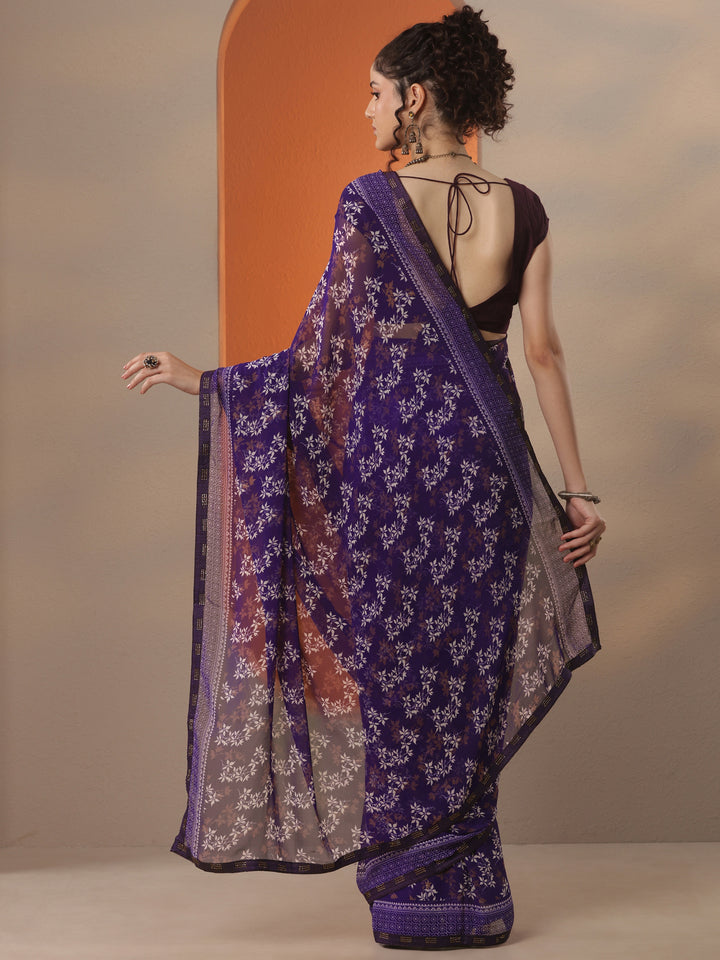 Purple Printed Georgette Saree With Unstitched Blouse Piece