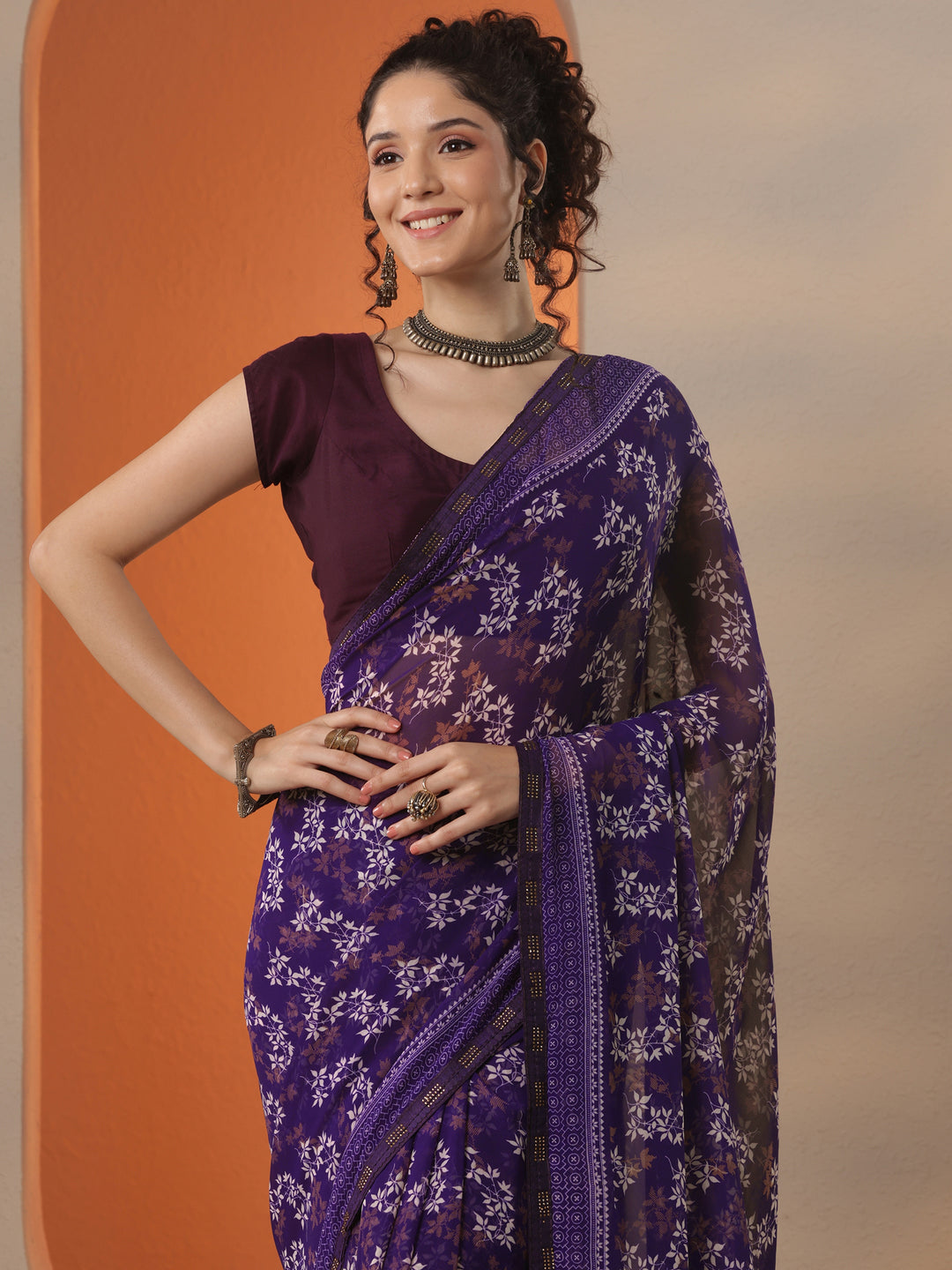 Purple Printed Georgette Saree With Unstitched Blouse Piece