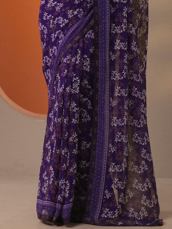 Purple Printed Georgette Saree With Unstitched Blouse Piece