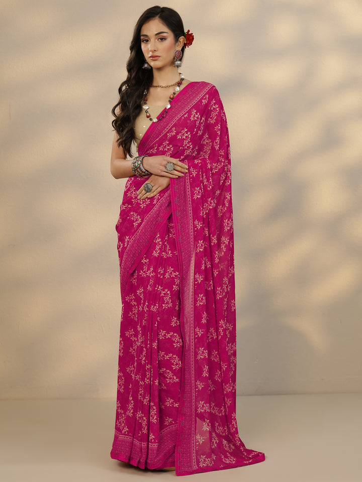 Pink Printed Georgette Saree With Unstitched Blouse Piece