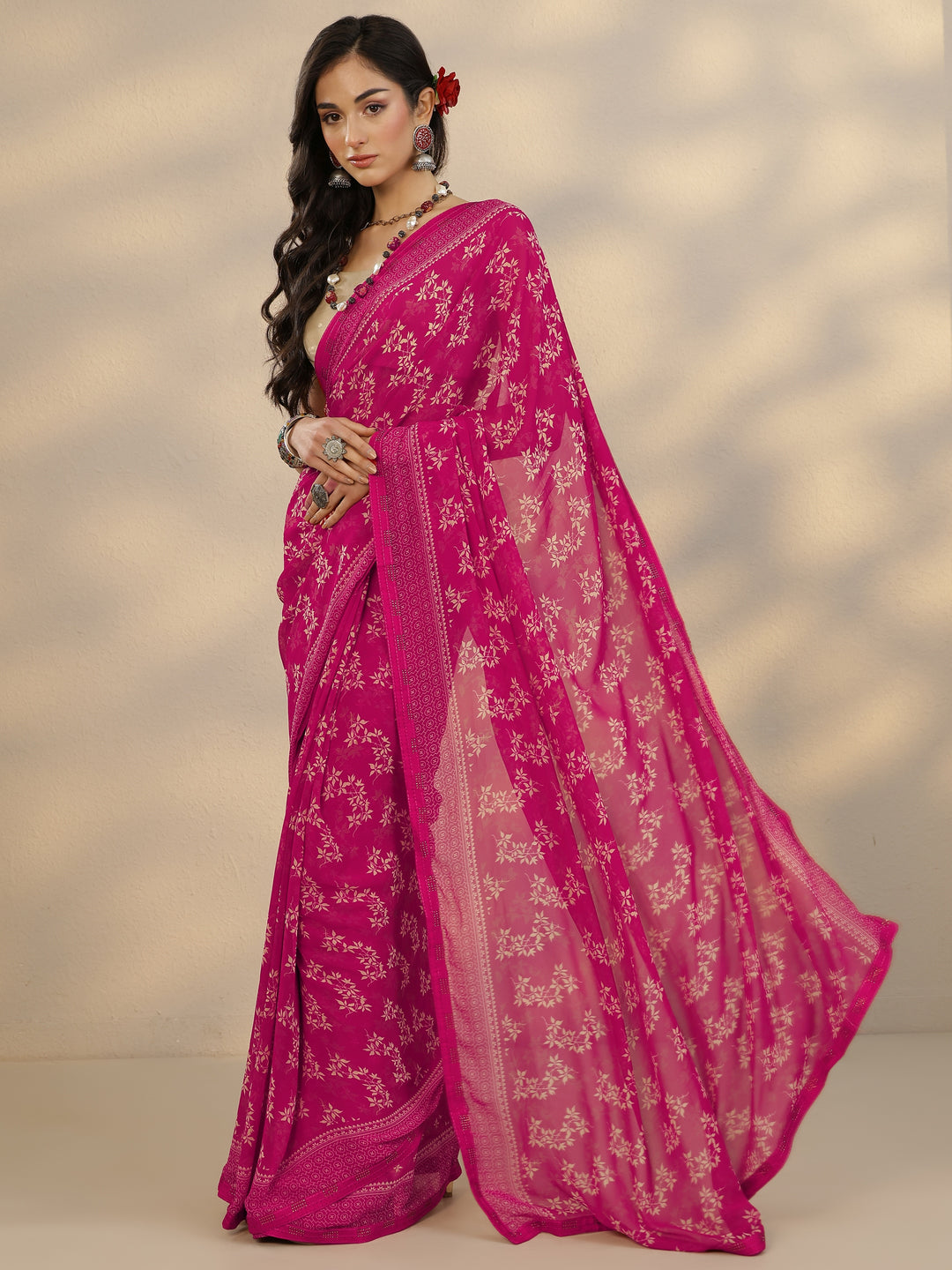 Pink Printed Georgette Saree With Unstitched Blouse Piece