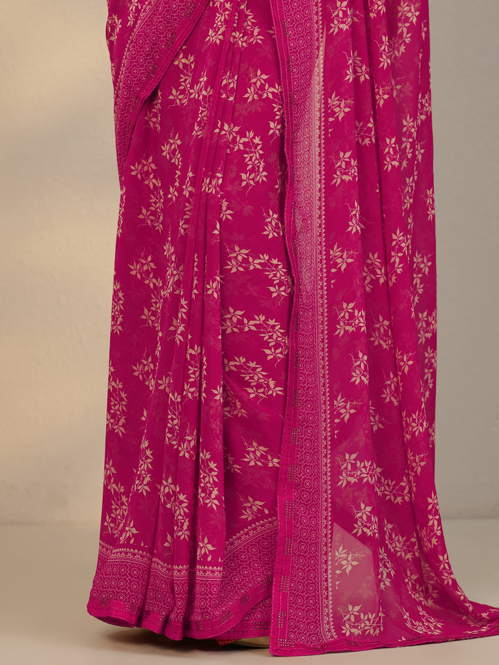 Pink Printed Georgette Saree With Unstitched Blouse Piece