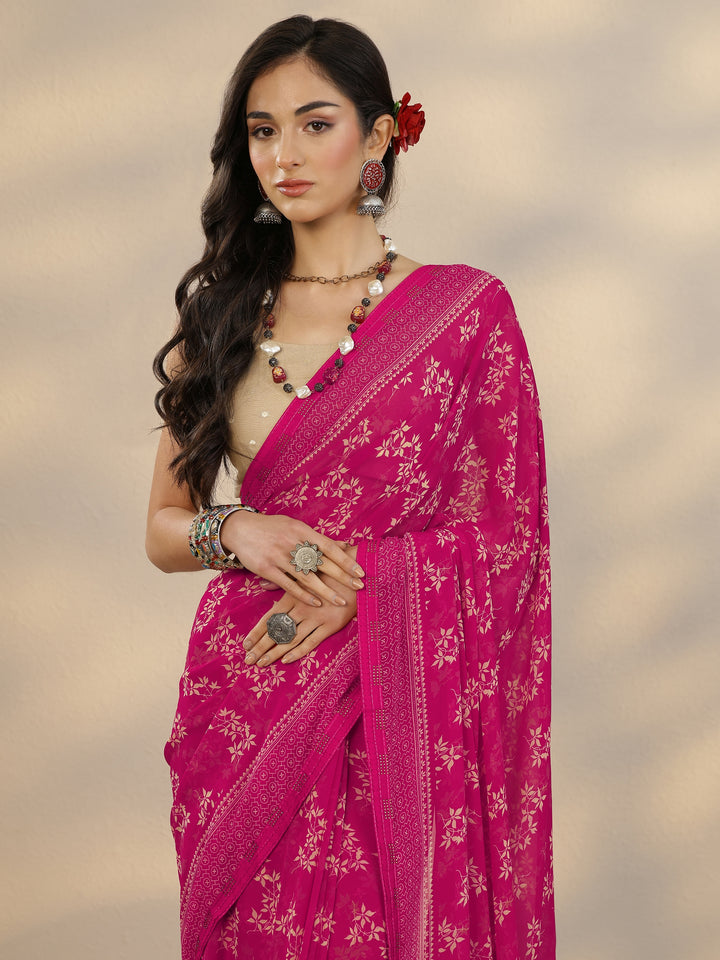 Pink Printed Georgette Saree With Unstitched Blouse Piece