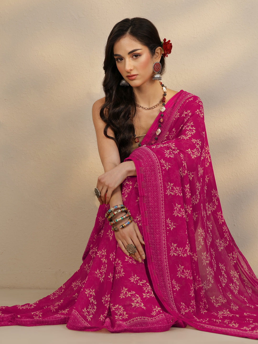 Pink Printed Georgette Saree With Unstitched Blouse Piece