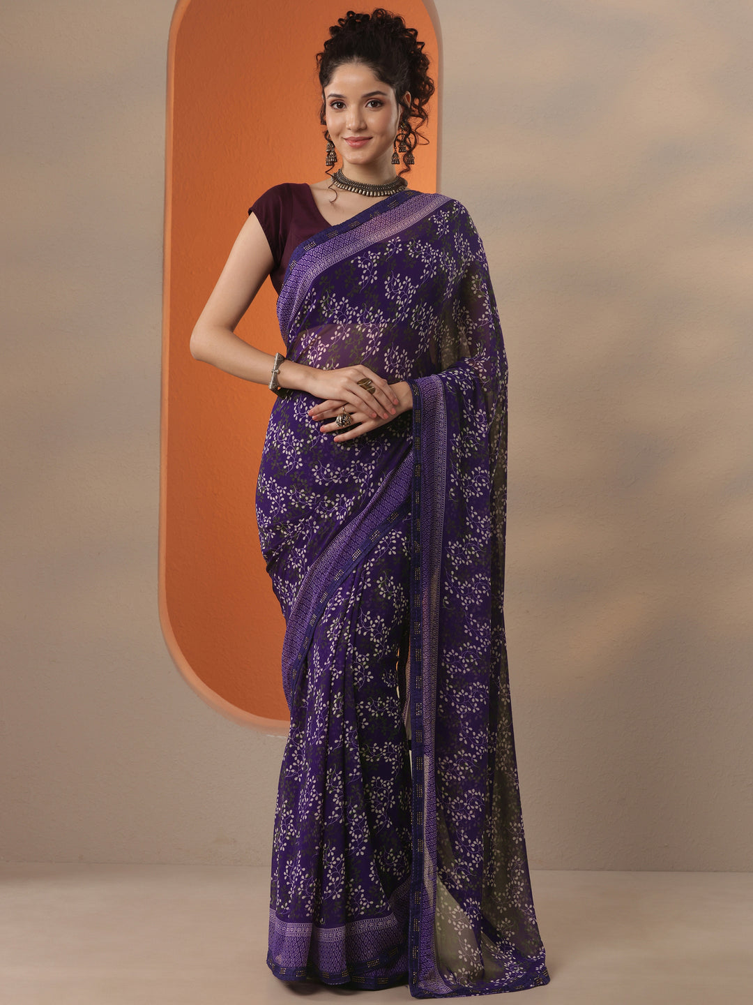 Purple Printed Georgette Saree With Unstitched Blouse Piece