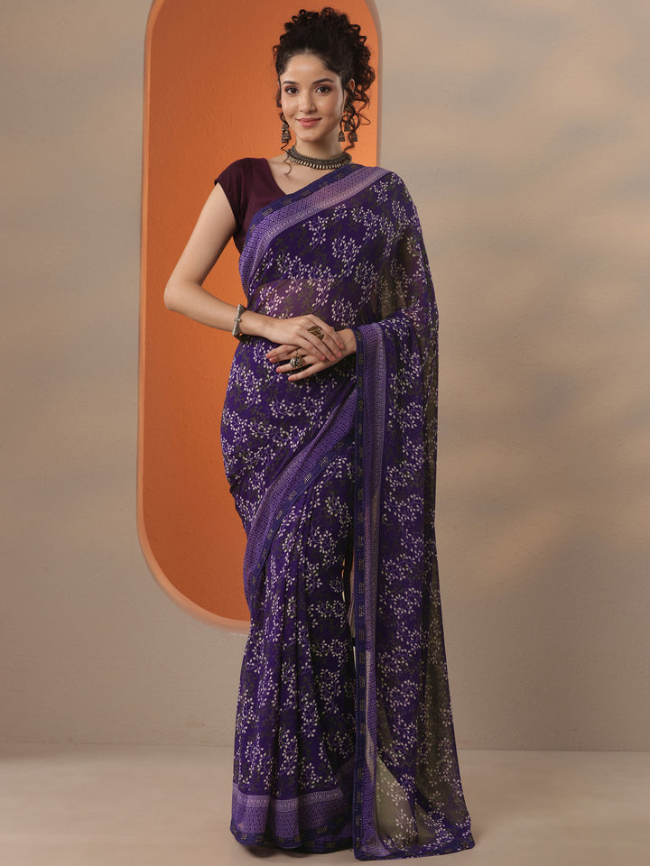 Purple Printed Georgette Saree With Unstitched Blouse Piece