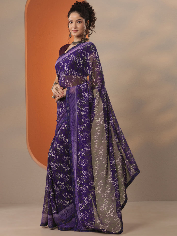 Purple Printed Georgette Saree With Unstitched Blouse Piece