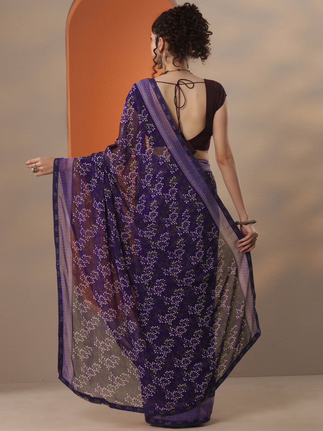 Purple Printed Georgette Saree With Unstitched Blouse Piece