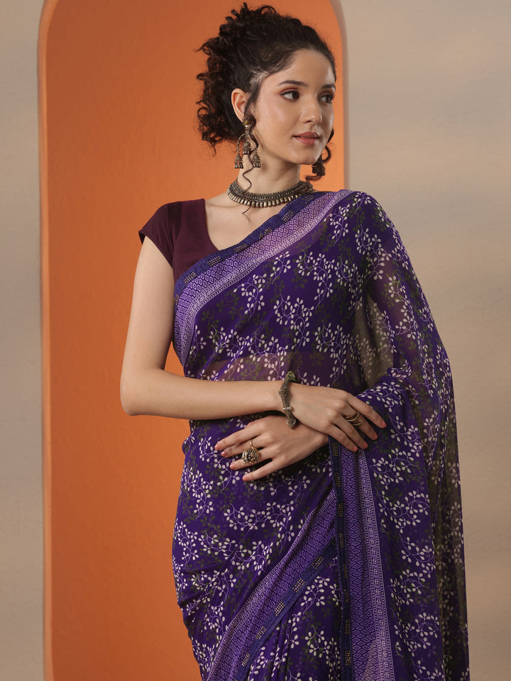 Purple Printed Georgette Saree With Unstitched Blouse Piece