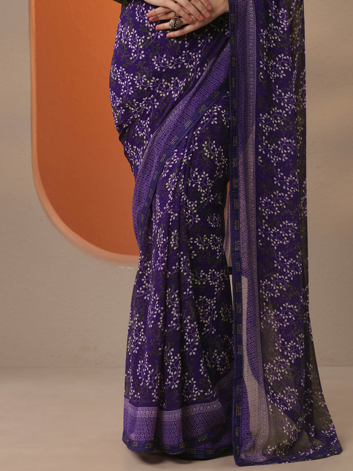 Purple Printed Georgette Saree With Unstitched Blouse Piece