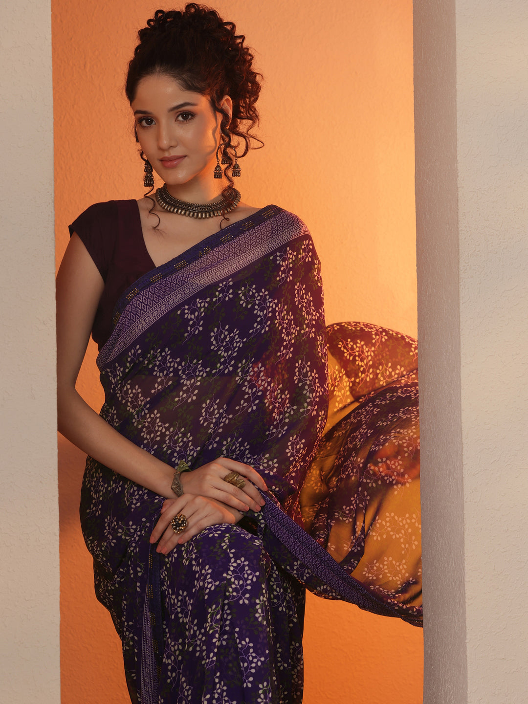 Purple Printed Georgette Saree With Unstitched Blouse Piece
