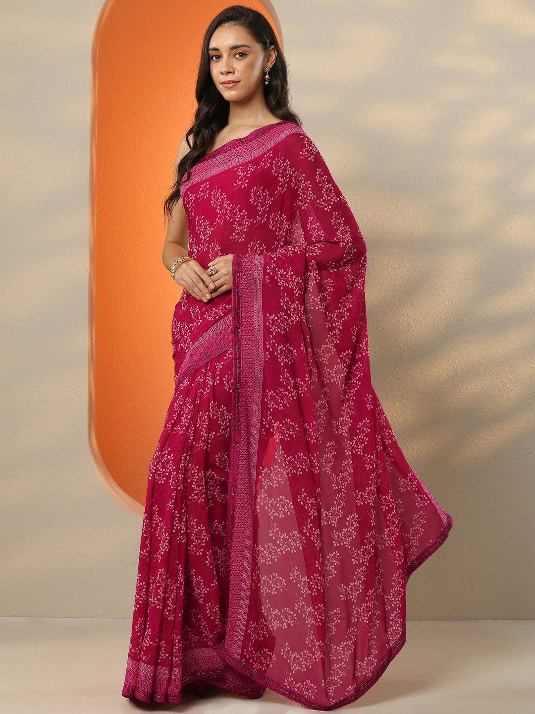 Red Printed Georgette Saree With Unstitched Blouse Picece