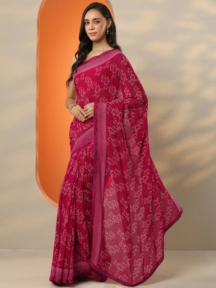 Red Printed Georgette Saree With Unstitched Blouse Picece