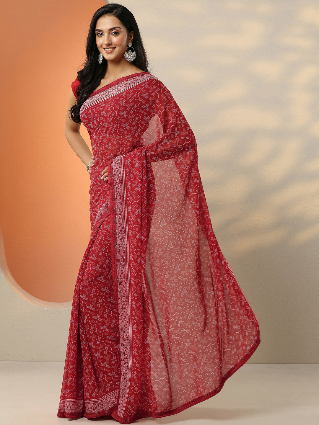 Red Printed Georgette Saree With Unstitched Blouse Piece