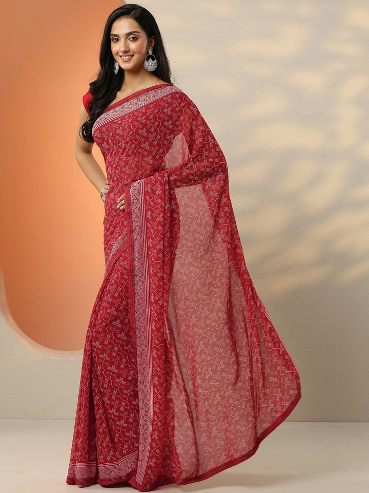 Red Printed Georgette Saree With Unstitched Blouse Piece