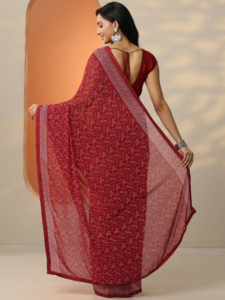 Red Printed Georgette Saree With Unstitched Blouse Piece