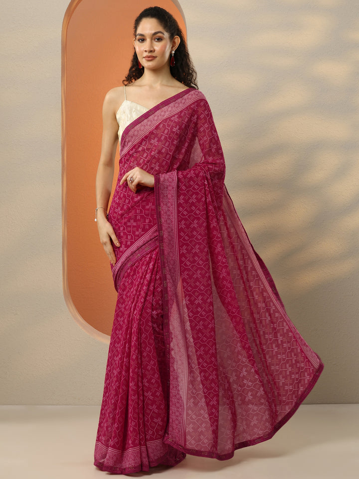 Red Printed Georgette Saree With Unstitched Blouse Picece