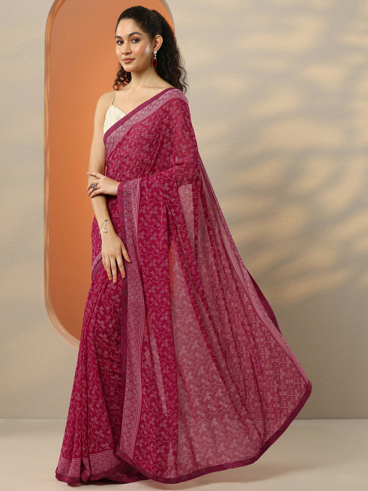 Red Printed Georgette Saree With Unstitched Blouse Picece