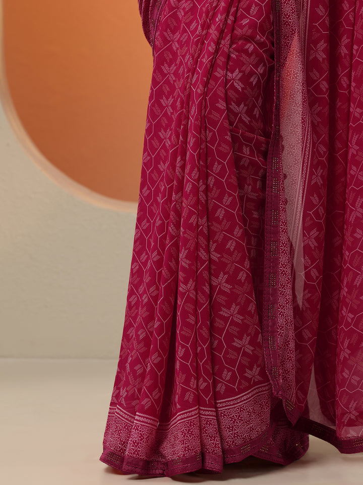 Red Printed Georgette Saree With Unstitched Blouse Picece