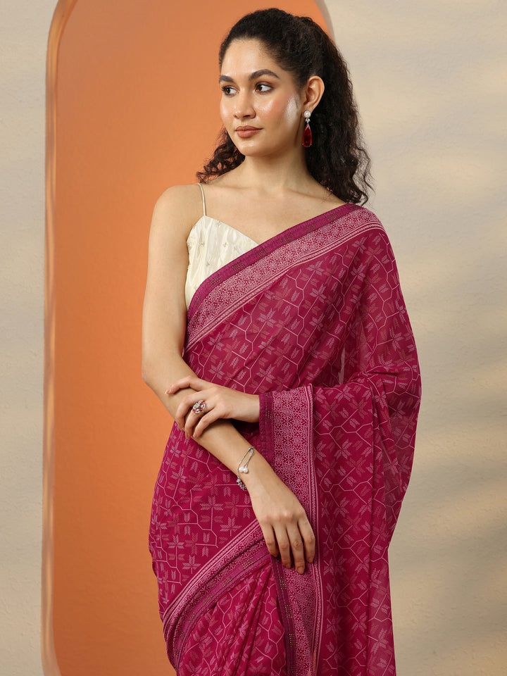 Red Printed Georgette Saree With Unstitched Blouse Picece