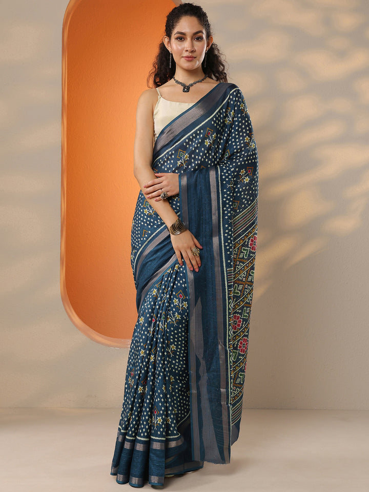 Blue Printed Silk Blend Saree With Unstitched Blouse Piece