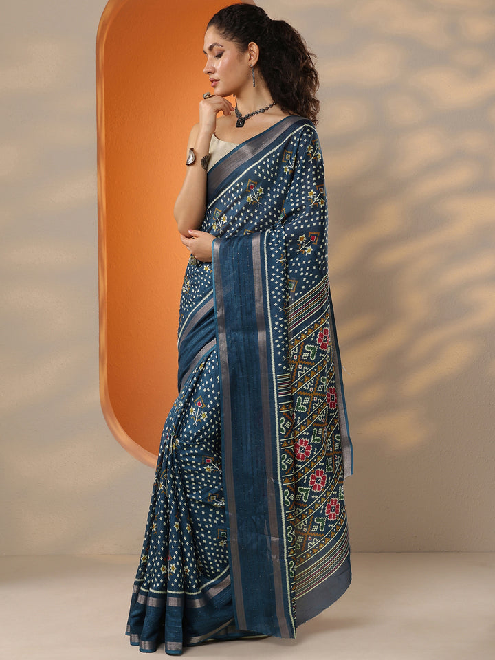 Blue Printed Silk Blend Saree With Unstitched Blouse Piece
