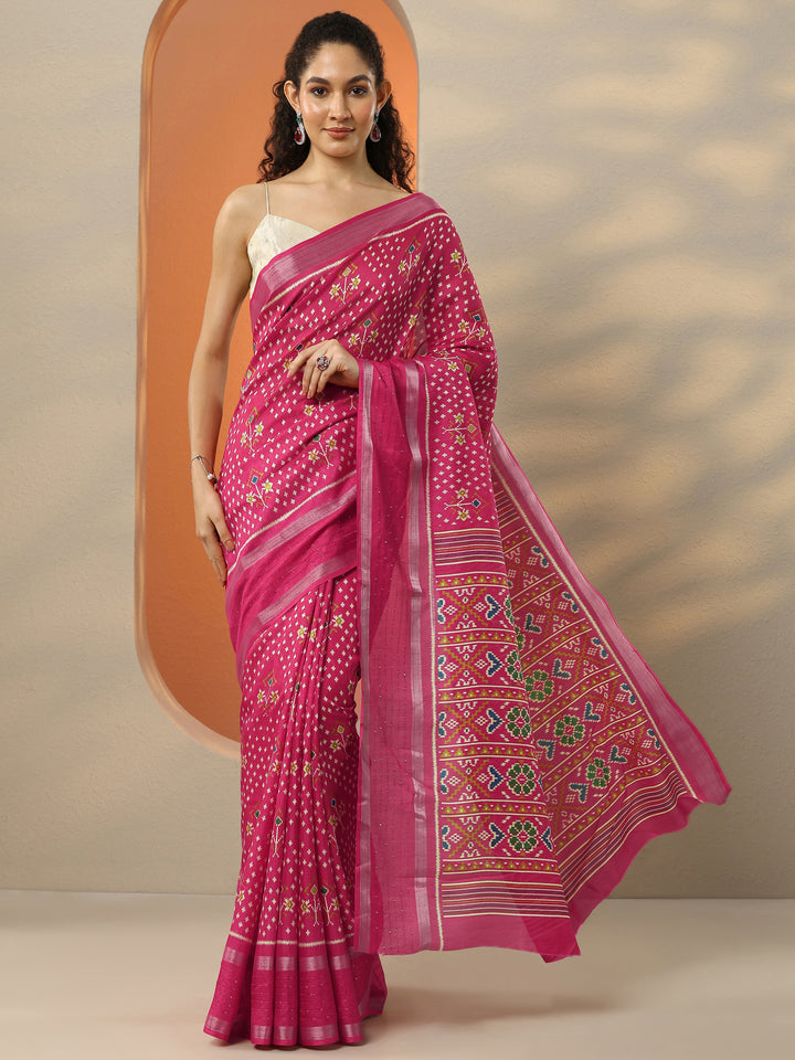 Red Printed Silk Blend Saree With Unstitched Blouse Piece