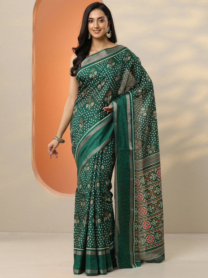 Green Printed Silk Blend Saree With Unstitched Blouse Piece