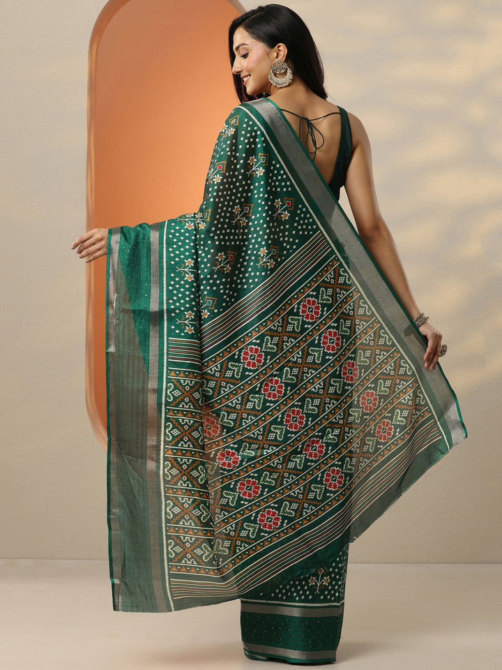 Green Printed Silk Blend Saree With Unstitched Blouse Piece